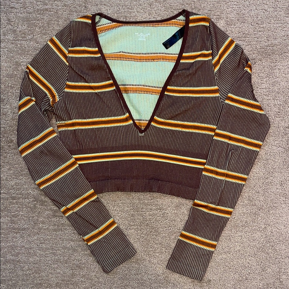 Urban Outfitters Brown and Yellow Striped V-Neck Blouse
